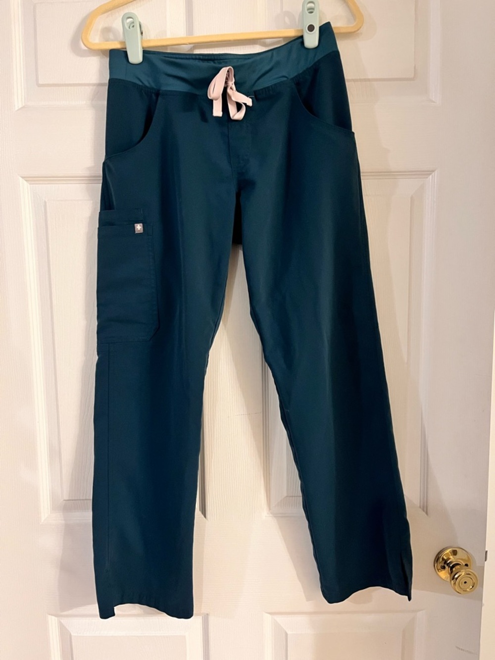 Figs Women's Teal Scrub Pants with Light Pink Drawstring